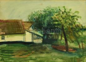 Patay László (1931- 2002): Ház udvar. Akvarell, papír, jelzett, üvegezett keretben, 30×42 cm
