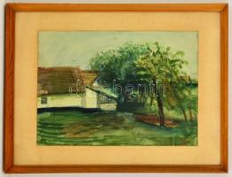 Patay László (1931- 2002): Ház udvar. Akvarell, papír, jelzett, üvegezett keretben, 30×42 cm