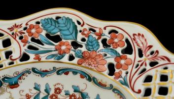 Herendi Tupini mintás áttört szélű dísz tányér, kézzel festett, jelzett, hibátlan, d:20,5 cm