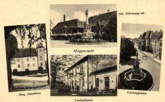 5 db régi magyar és történelmi magyar mozaik városképes lap, vasútállomásokkal: Békéscsaba, Nyíregyh...