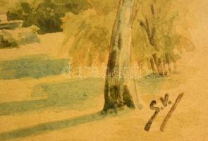 SV jelzéssel: Ház udvarral, akvarell, papír, üvegezett fa keretben, 32,5×23 cm