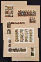 Európai népviseletek, katonai uniformisok, litho képek, német nyelven feliratozva, paszpartuban, 6 db, 23x28 cm