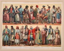 Európai népviseletek, katonai uniformisok, litho képek, német nyelven feliratozva, paszpartuban, 6 d...