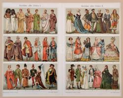 Európai népviseletek, katonai uniformisok, litho képek, német nyelven feliratozva, paszpartuban, 6 d...