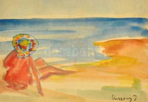 Vaszary jelzéssel: Kalapos hölgy a parton. Akvarell, papír, üvegezett keretben, 19×28 cm