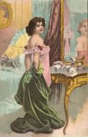 Undressing lady, erotic postcard