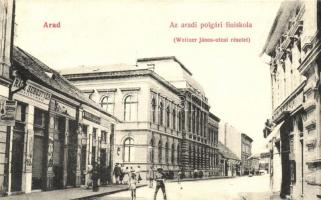 Arad, Polgári fiú iskola, Weitzer János utca, Rácz Sebestyén hentes, Várhol László, Abusz Lázár (?) és Seiler Bertalan üzlete / street view with shops, boy school, shops