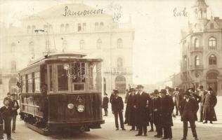 1906 Nagyvárad, Oradea; utcakép a 4-es villamossal, Pannónia szálloda, Emke kávéház / street view with tram line 4, hotel and cafe. photo (fl)