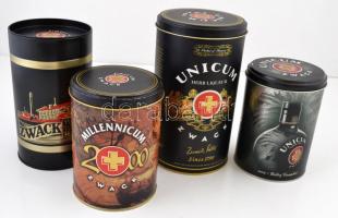 4 db Unicum fém doboz, kopásnyomokkal, m: 16 és 22 cm