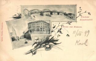 1899 Komárom, Komárno; híd, utca, üzletek / bridge, street, shops. Art Nouveau, floral