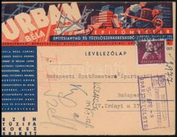 1948 Urbán Béla építőmester, díszes reklámos levelezőlapja, 10,5x14 cm