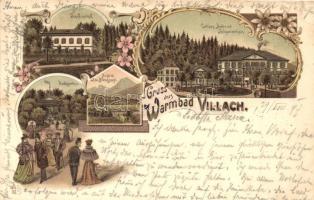 1897 Villach Warmbad, Josefinenhof, Curhaus, Bade und Schweizerhaus, Mittagskogel, park / villas, spas, park. Floral, Art Nouveua, litho