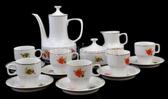 Hollóházi virágmintás porcelán mokkás készlet, jelzett, matricás, hibátlan, összesen 15 db