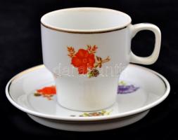 Hollóházi virágmintás porcelán mokkás készlet, jelzett, matricás, hibátlan, összesen 15 db