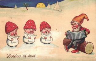 Boldog új évet! / New Year greeting card with dwarves and mushroom men. litho (pinhole)