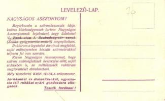 Budapest VI. Ó utca 17. Kiss Gyula szűcs mester üzlete, reklámlap (r)