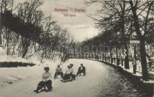 Budapest XII. Zugliget, Csiga út, Téli sport, tobbogan, szánkózók