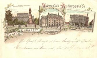 1896 (Vorläufer!) Budapest, Széchenyi-szobor, Etablissement Reutter palota, Hentzi-szobor és Honvédelmi minisztérium. Leitner M. és fia floral Art Nouveau litho (vágott / cut)