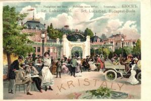 Budapest II. Szent Lukács fürdő, Ivócsarnok, automobil. Art Nouveau litho reklámlap (EK)