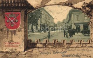 Nagyszeben, Hermannstadt, Sibiu; Heltauergasse. Verlag Carl F. Jickell / utcakép, Julius Wermesther üzlete. címeres litho keret / street view, shops. coat of arms, Art Nouveau litho frame