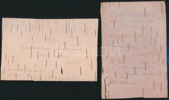 1940 Nyírfakéregre írt katonai emlék, a m. kir. 102. sz. páncélvonat századból, 2 db, 13x9 cm