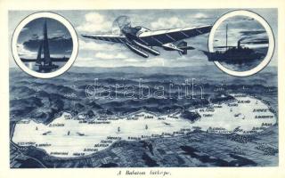 Balaton, látkép repülőgéppel, gőzhajóval, térkép