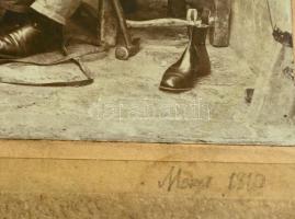 1910 Monor, cipész-csizmadia műhely, nagyméretű fotó, kartonra ragasztva, feliratozva, 17×22 cm