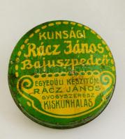 Kunsági Rácz János bajuszpedrő, kisméretű fém doboz, d: 3,5 cm