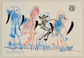 Szeift Béla (1944-2012): Négy barát. Akvarell, papír, jelzett, 14×21 cm