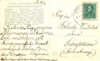 Dunafüred, hajóállomás. Hátoldalon reklám a dunafüredi parcellázásról