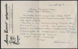 1943 Sopron, Arany Kereszt gyógyszertár díszes fejléces levél, 14,5x23 cm