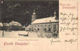 1899 Nagyszeben, Hermannstadt, Sibiu; Fő tér télen. Újévi üdvözlet / main square in winter. New Year greeting