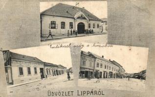 Lippa, Lipova; Községháza, Hirschmann Ignác, Spitzer Jakab, Ihm Mihály üzletei. Konstantin Sándor kiadása / town hall, shops (fl)