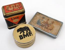 Régi fém dobozok, 3 db, Bajtárs - 1949 Nemzetközi Őszi Vásár fém cigarettásdoboz, Közért Tea fém teás doboz, BMF fém doboz, kopottak, 7x11x1,5 cm+4,5x7x7,5 cm+d: 7 cm