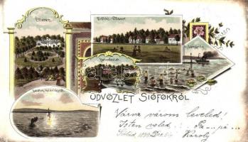 1899 Siófok, étterem, villasor, park, hullámverés, holdvilág. Art Nouveau litho (EK)