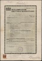 Kaposvár 1933 reálgimnáziumi bizonyítvány
