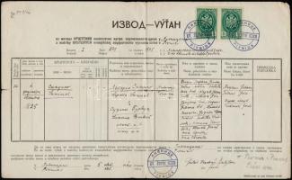 Pincéd Bács v.m 1940 születési anyakönyvi kivonat jugoszláv okmánybélyegekkel