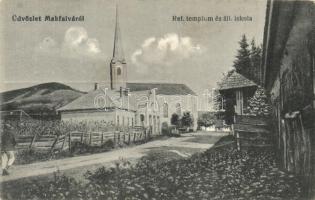 Makfalva, Ghindari; utca, református templom, állami iskola / street view with Calvinist church and school