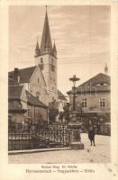 Nagyszeben, Hermannstadt, Sibiu; Evangélikus templom, Kis tér, Johann Billes üzlete / church, shop, square (fl)