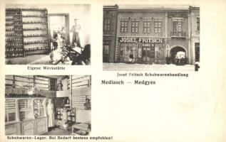 Medgyes, Mediasch, Medias; Eigene Werkstätte, Josef Fritsch Schuhwarenhandlung, Schuhwaren-Lager / Josef Fritsch cipő üzlete, műhely és raktár belső / shoe shop, workshop and storage interior (EK)