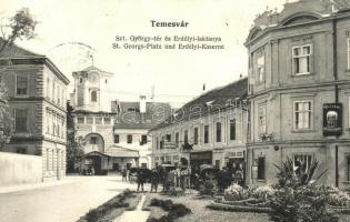 Temesvár, Timisoara; Szent György tér, Erdélyi laktanya, Pilzeni sörcsarnok, Leitenbor József és Kreiner J. üzlete, könyvnyomda, Georg Holz vendéglő / square, military barracks, beer hall, shops, restaurant