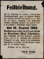 1864 Pozsony, Hirdetmény malom elárverezéséről, német nyelven, szélein szakadások, 36x27 cm / Pressburg, Announcement about auction of a mill, in German, tears on the corner, 36x27 cm