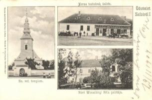 Zsibó, Jibou; Református templom, Báró Wesselényi Béla palota, Merza testvérek üzlete és saját kiadása / church, palace, shop