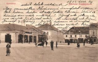 Érsekújvár, Nové Zamky; tér, gimnázium, Pollák üzlete / square, grammar school, shop (EK)