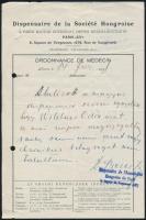 1931 Párizs, A Párisi Magyar Egyesület Orvosi Rendelőintézetének orvosa által Wildner Ödön számára kiállított vizsgálati okmány