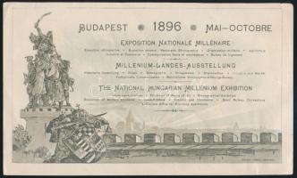 1896 Budapest, Millenniumi Országos Kiállítás reklámlapja, francia, német, angol, nyelven, Légrády Testvérek, hátoldalán korabeli kézírásos szöveggel, 12x20,5 cm