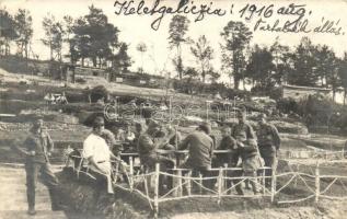 1916 Kelet Galícia, tartalék állás, pihenő katonák, asztaloknál kártyázás / WWI Austro-Hungarian K.u.K. military reserve position in East-Galicia, resting soldiers playing card games. photo