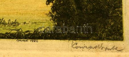 Conrad Gyula (1877-1959): Róma környéke, színezett rézkarc, papír, jelzett, foltos, 24×29,5 cm