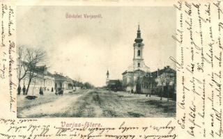 Varjas, Varias; Fő tér, templomok. Eiszner F. kiadása / main square, churches (r)
