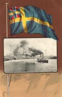 Malmö, Inre Hamnen / inner harbor, steamship. Swedish flag Art Nouveau litho frame
